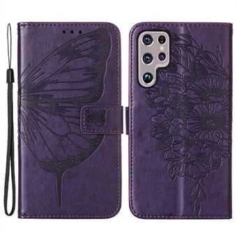 YB Imprinting Series-4 Samsung Galaxy S23 Ultra PU -nahkaiselle Täyssuojalle Puhelimen kotelolle Butterfly Flower painettu Flip Stand Lompakon suojus hihnalla