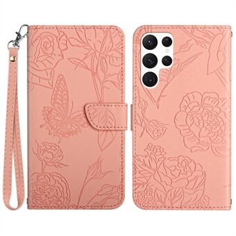 Skin-touch PU-nahkainen puhelinkotelo Samsung Galaxy S23 Ultralle, HT03:lle painettu Butterfly Flowers Magneettinen Stand Iskunkestävä läppäpuhelinkotelo hihnalla
