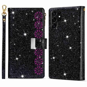 Suojaava puhelimen suojus vetoketjullinen lompakko Samsung Galaxy S23 Ultra Laser Carving Glitterry Starry Style Nahkainen puhelinkotelo Teline Stand