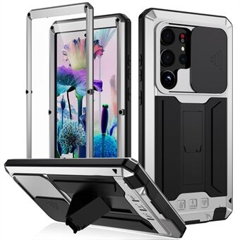 R-JUST Samsung Galaxy S23 Ultra Slide Kameran Kansi PC+Silikoni+Metallipuhelimen pudotuksenestokotelo Piilotettu Kickstand Takakansi karkaistu lasi näytönsuoja
