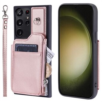 009 Samsung Galaxy S23 Ultra vetoketjullinen taskukotelo Kickstand PU-nahkapäällysteinen TPU RFID-esto lompakkopuhelimen kansi rannehihnalla
