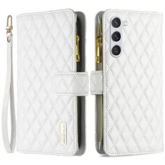 BINFEN COLOR BF Style-15 vetoketjullinen lompakkokotelo Samsung Galaxy S23:lle, painettu Rhombus PU- Stand Magneettinen puhelimen kansi hihnalla