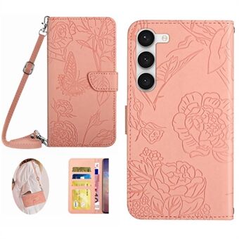 Samsung Galaxy S23 HT03:lle painettu Butterfly Flowers Lompakko Flip Cover PU Nahka Stand Magneettinen folio suojaava puhelinkotelo olkahihnalla