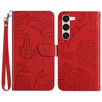 Samsung Galaxy S23 HT03 Skin-touch PU-nahkainen lompakkokotelo Stand Magneettinen suljin painettu Butterfly Flowers -puhelimen kansi hihnalla