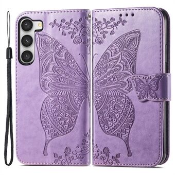 Painettu Butterfly Pattern -puhelinkotelo Samsung Galaxy S23:lle, PU-nahka + TPU- Stand Täysin suojattu puhelimen suojus hihnalla
