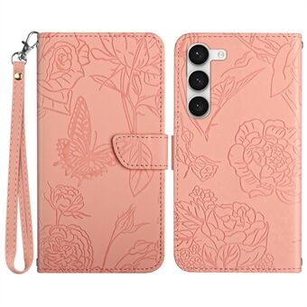 Samsung Galaxy S23+ HT03:lle painettu Butterfly Flowers -lompakkokotelo Skin-touch PU-nahkainen magneettinen Stand puhelimen suojus hihnalla