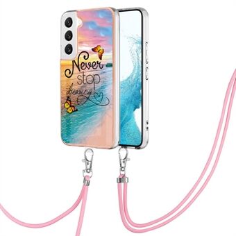 Samsung Galaxy S23+ YB IMD Series-4 IMD IML Marble Flower Pattern TPU -puhelinkotelolle Galvanointikehys Suojaava takakansi kaulanauhalla