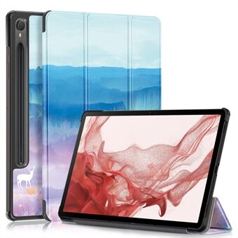 Samsung Galaxy Tab S9 11 tuuman SM-X710, SM-X716B, SM-X718U -malleille suunniteltu kuvioidulla painatuksella oleva nahkainen tablettikotelo taittuvalla jalustalla ja älykäällä kansilla