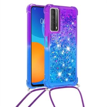 Iskunvaimennus Gradient Glitter Powder Quicksand TPU-matkapuhelimen kuori kaulanauhalla Huawei P Smart 2021:lle