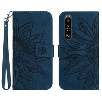 HT04 Sony Xperia 1 V PU Stand puhelinkotelo auringonkukkakuvioinen lompakkokuori käsihihnalla