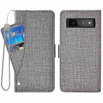 Google Pixel 6 Pron 5G:ia varten, naarmuja kestävä lompakkoständi farkkukangastextuurinen tekonahkakotelo, jossa pyörivä korttipaikka ja puhelinkotelo