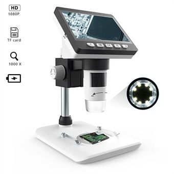 Inskam307 1000X 4,3 tuuman HD 1080P LCD digitaalinen mikroskooppi, säädettävä pöytämikroskooppikamera 8-LED:llä (tuki 10 kieltä)