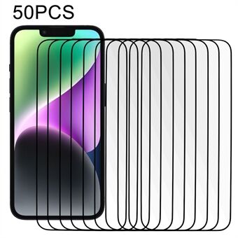 50 kpl iPhone 15 Plus 2.5D näytönsuoja Täyskansi karkaistu lasi silkkitulostus Täysliimainen pölynestokalvo