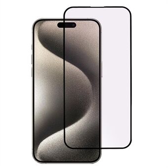 iPhone 15 Pro Maxin purppuranvioletti kevyesti karkaistu lasi koko näytön suojus, mustalla reunalla, silkkimaalausta ja liimakerroksen levitystä.