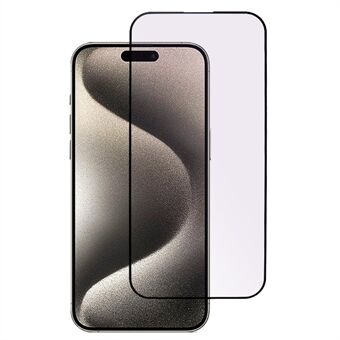 Koko liimapinnoitettu näytönsuoja iPhone 15 Pro Max -puhelimelle, purppuranvioletti valo mustalla reunalla, karkaistu lasi silkkipainoksella.