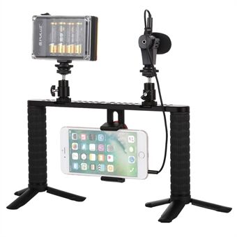 PULUZ PKT3024 4 in 1 -suoralähetys LED-selfie-valo älypuhelimen videotelineen kahvan stabilointikiinnikesarjat mikrofonijalusta