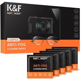 K&F CONCEPT KF08.036 120 kpl / huurtumista estävät puhdistuspyyhkeet kameran linsseille, laseille, matkapuhelimelle, kannettaville 6x4 tuuman suuret, sumunkestävät puhdistuspyyhkeet